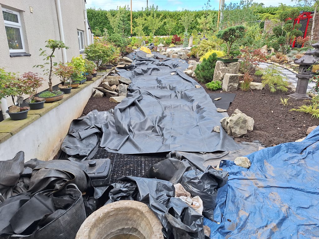A Pondless Waterfall build with the flexible EPDM liner in position.